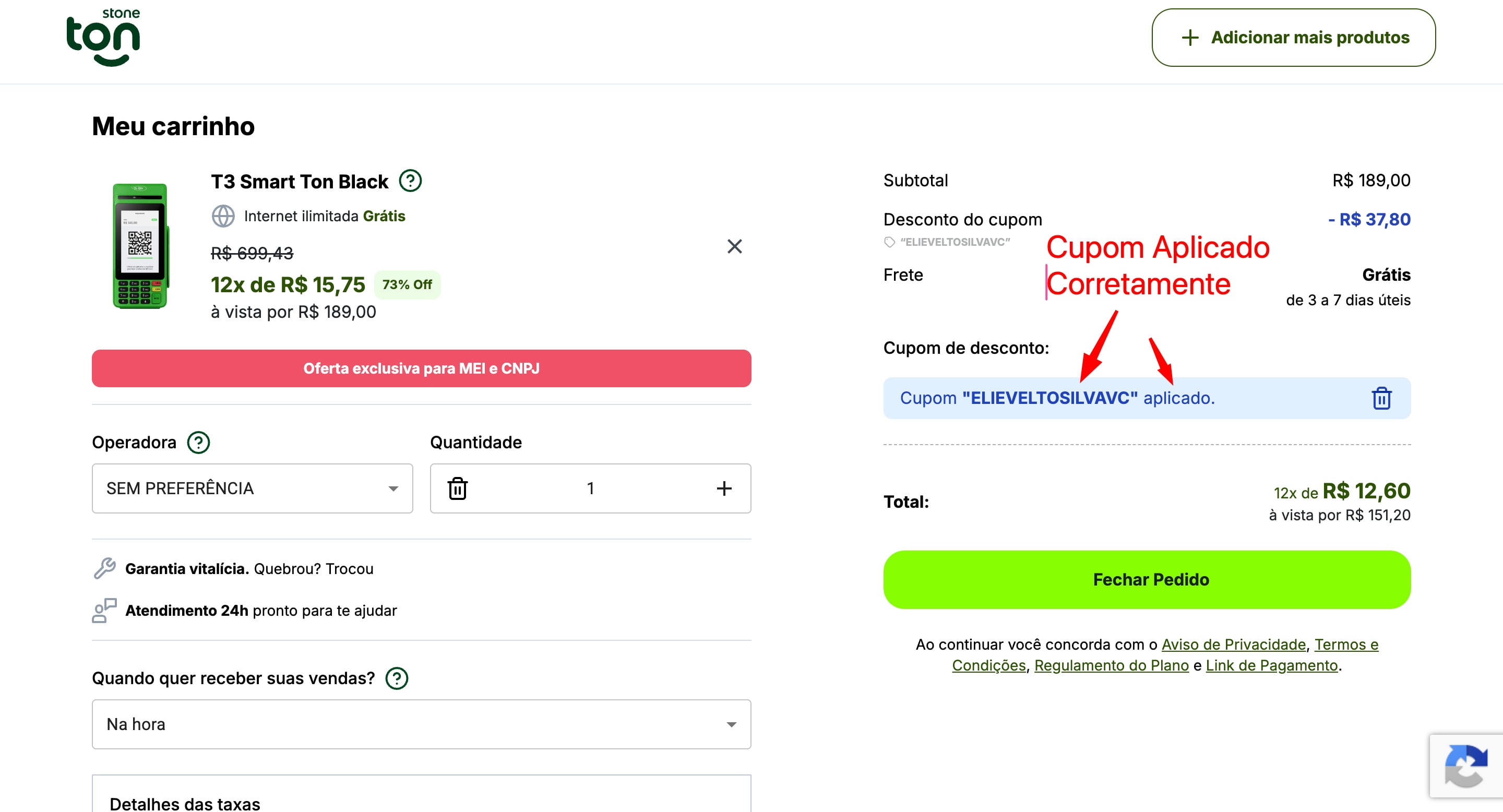 Exemplo mostrando o desconto aplicado na página de compra da Ton