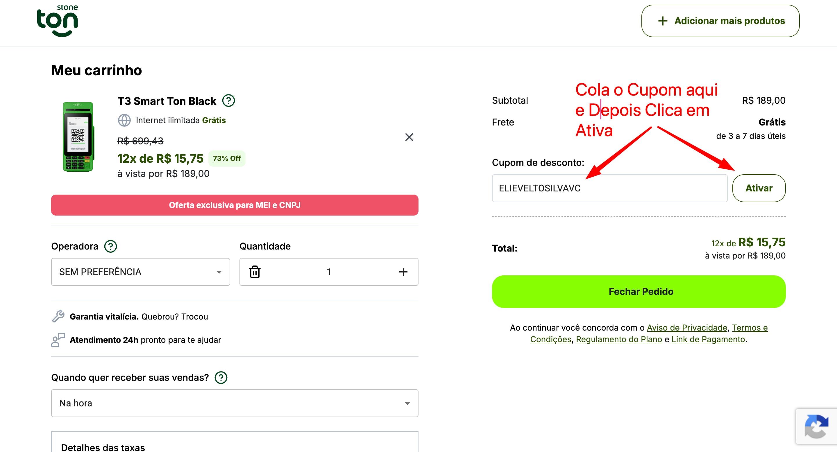 Exemplo mostrando onde inserir e ativar o cupom na página da Ton